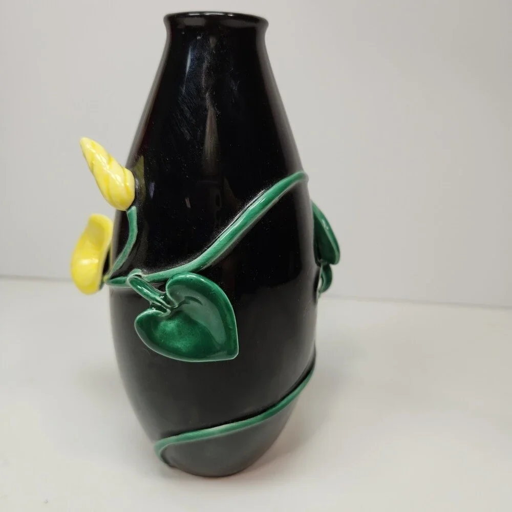 Fitz & Floyd Vintage Floral Vase 6 in. Morning Glory Flowers Black yellow